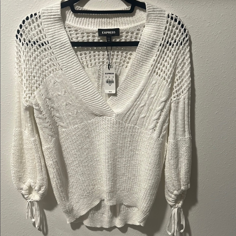 Express White V-Neck Sweater with Open-Knit Design